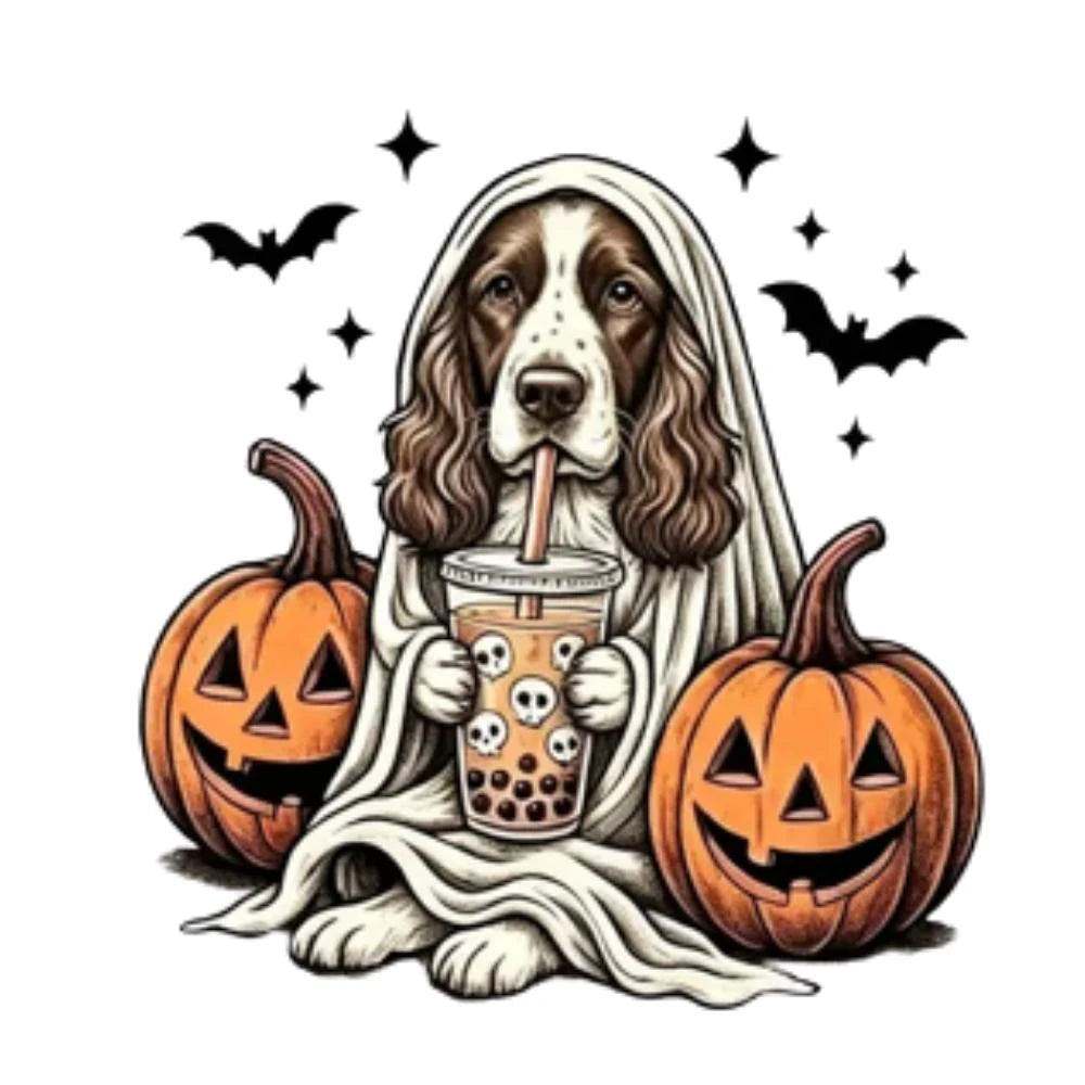 Custom Dog Breed Halloween Shirt, Cute Ghost Boba Pet Lover Tee, Spooky Fall Dog Mom Top – Springer Spaniel