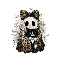 Halloween Cat Sweatshirt, Leopard Ghost Holding Custom Cat Breed, Spooky Season Cat Lover Gift for Women, Coquette Bow Leopard Print Style – Tuxedo