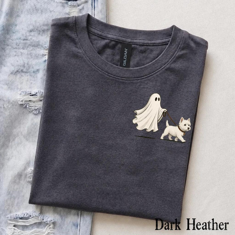 Personalized Dog Breed Halloween T-Shirt, Custom Ghost Walking Dog Graphic, Spooky Season Dog Mom Dad Gift – Westie