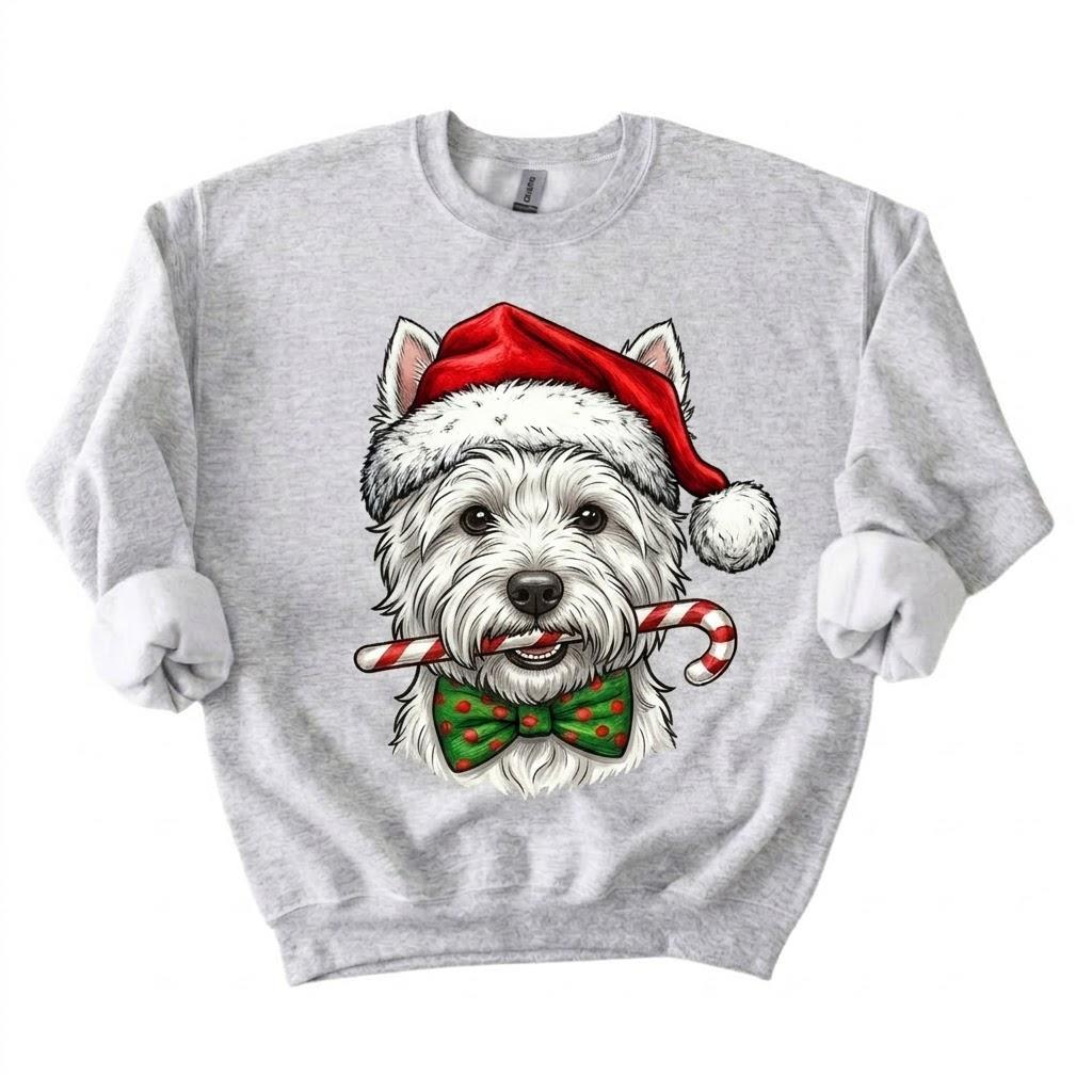 Personalized 50+ Dog Breed Christmas Sweatshirt, Custom Santa Hat Candy Cane Pet Portrait, Dog Mom and Dog Dad Holiday Gift – Westie