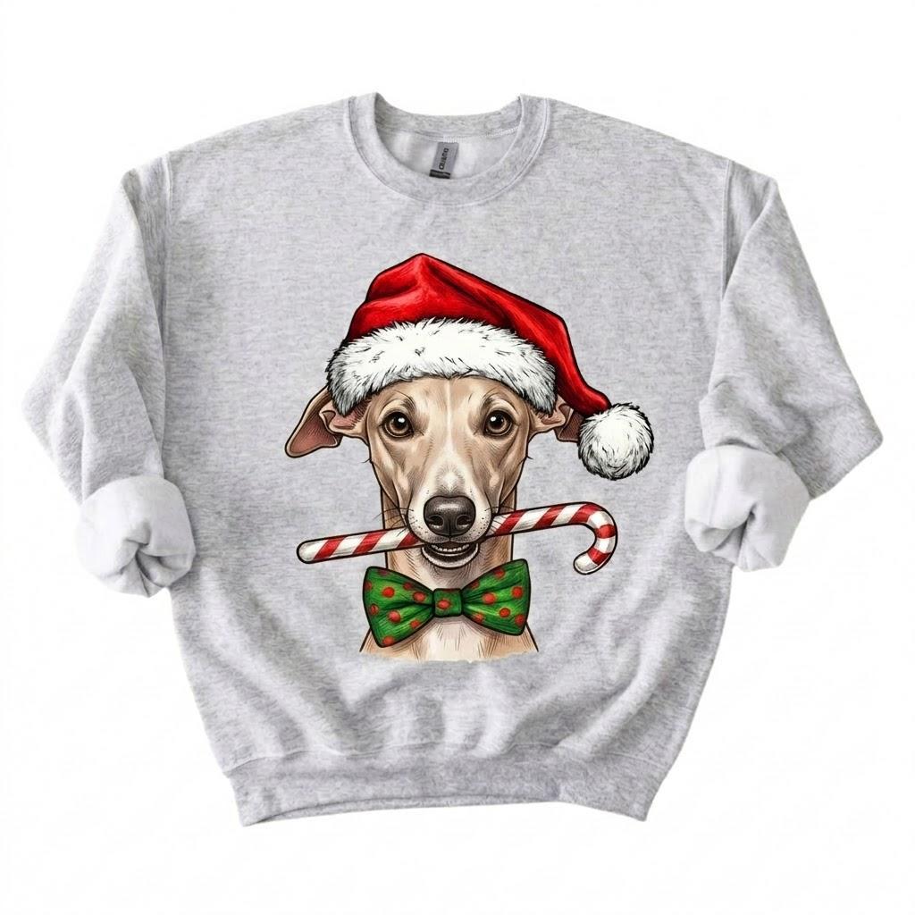 Personalized 50+ Dog Breed Christmas Sweatshirt, Custom Santa Hat Candy Cane Pet Portrait, Dog Mom and Dog Dad Holiday Gift – Whippet