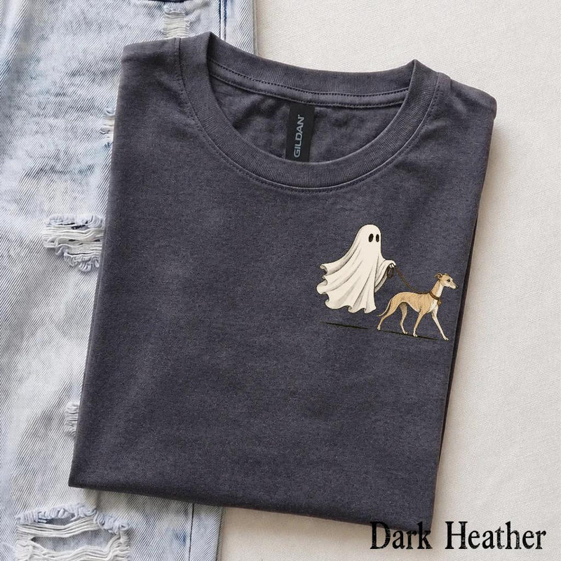 Personalized Dog Breed Halloween T-Shirt, Custom Ghost Walking Dog Graphic, Spooky Season Dog Mom Dad Gift – Whippet