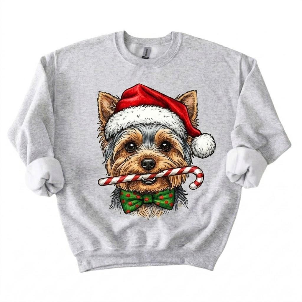 Personalized Dog Breed Christmas Sweatshirt, 50+ Breed Options, Santa Hat Candy Cane Dog Portrait, Holiday Gift for Dog Mom and Dog Dad – Yorkie