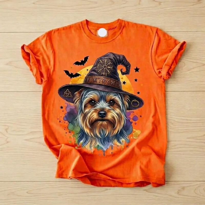 Custom Witch Dog Breed Halloween T-Shirt, Spooky Dog Mom Graphic Tee, Fall Pet Lover Costume Apparel – Yorkie