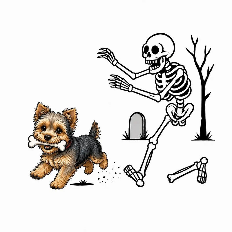 Personalized Dog Breed Halloween T-Shirt, Custom Choose Your Dog, Funny Skeleton Chasing Pup Graphic, Spooky Pet Lover Gift – Yorkshire Terrier