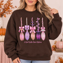 A Girl Gotta Have Options Coquette Halloween Sweatshirt Pink Witch Broom Spooky Season Crewneck for Women Girls