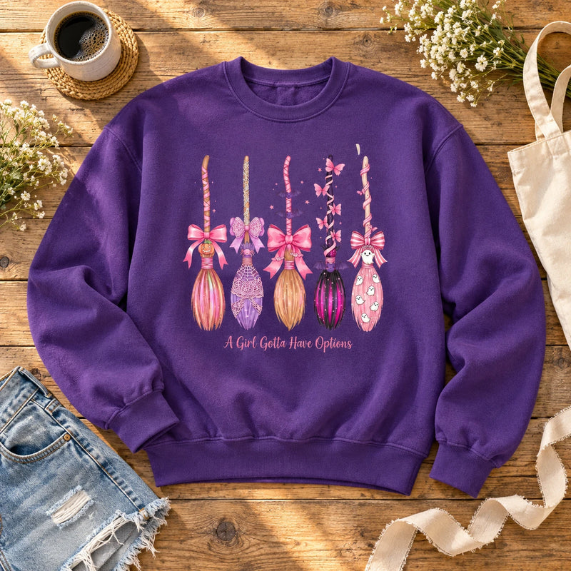 A Girl Gotta Have Options Coquette Halloween Sweatshirt Pink Witch Broom Spooky Season Crewneck for Women Girls