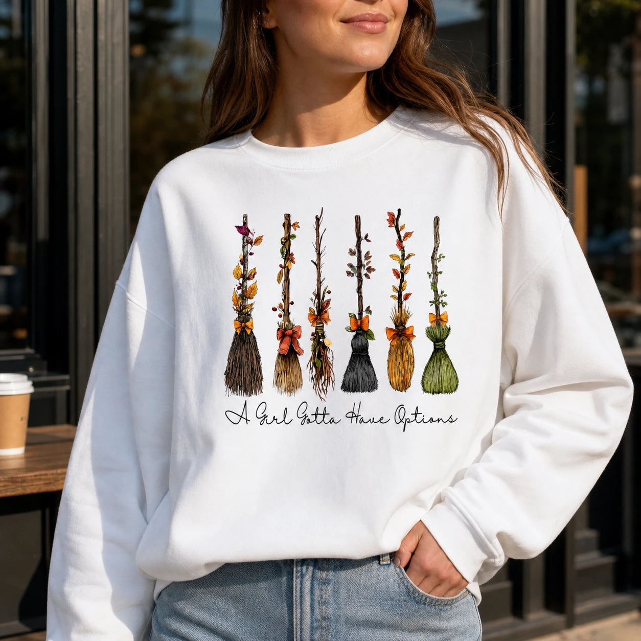 A Girl Gotta Have Options Witch Broom Shirt, Funny Halloween Tee or Sweatshirt for Women, Cute Vintage Fall Broom Graphic