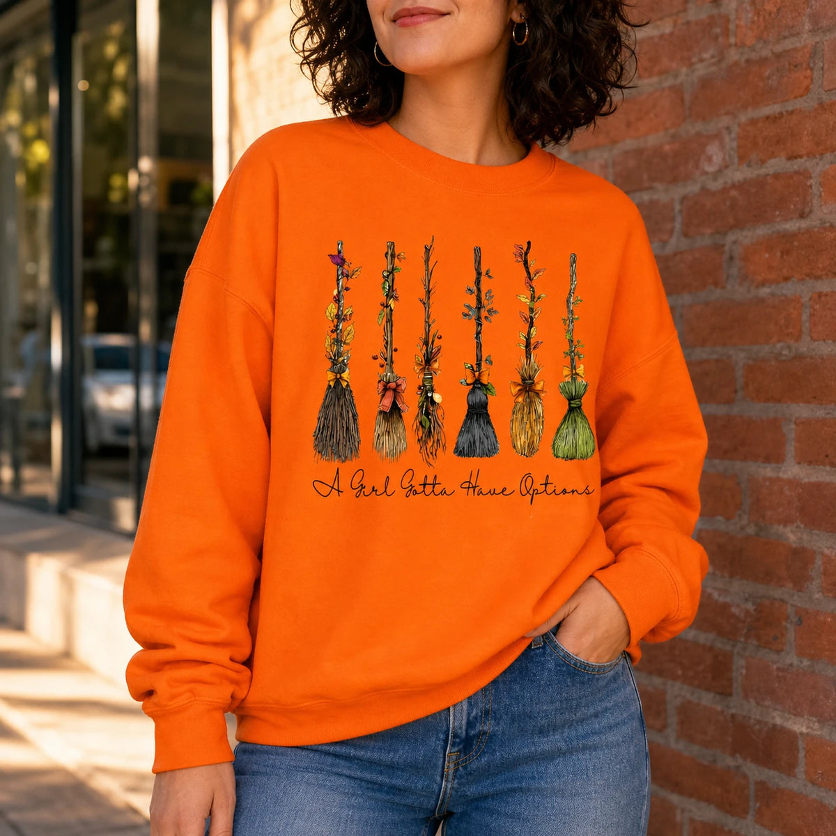 A Girl Gotta Have Options Witch Broom Shirt, Funny Halloween Tee or Sweatshirt for Women, Cute Vintage Fall Broom Graphic