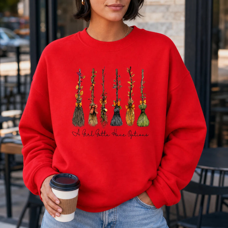 A Girl Gotta Have Options Witch Broom Shirt, Funny Halloween Tee or Sweatshirt for Women, Cute Vintage Fall Broom Graphic