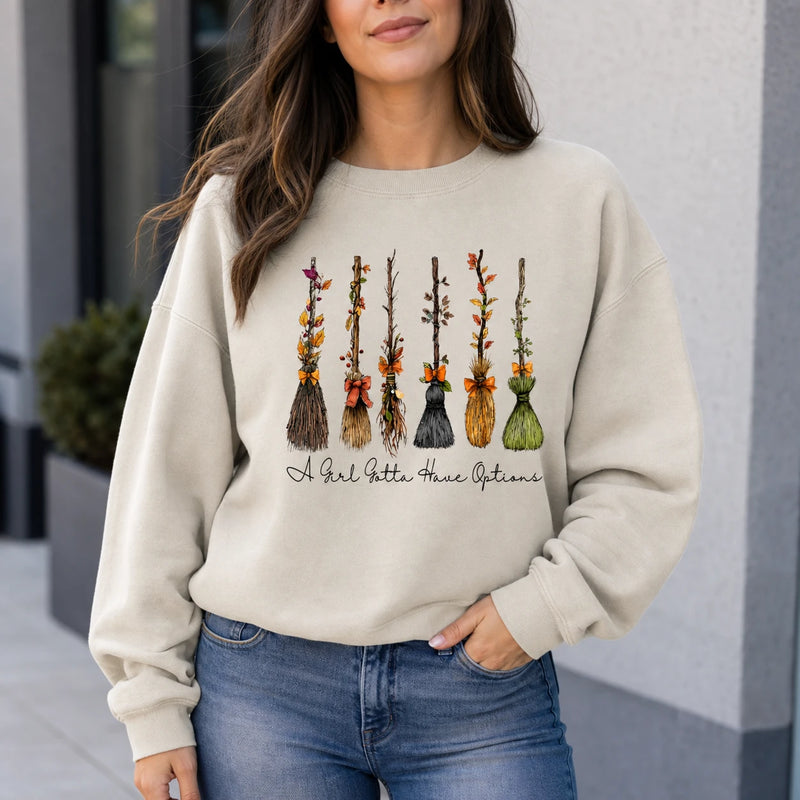 A Girl Gotta Have Options Witch Broom Shirt, Funny Halloween Tee or Sweatshirt for Women, Cute Vintage Fall Broom Graphic