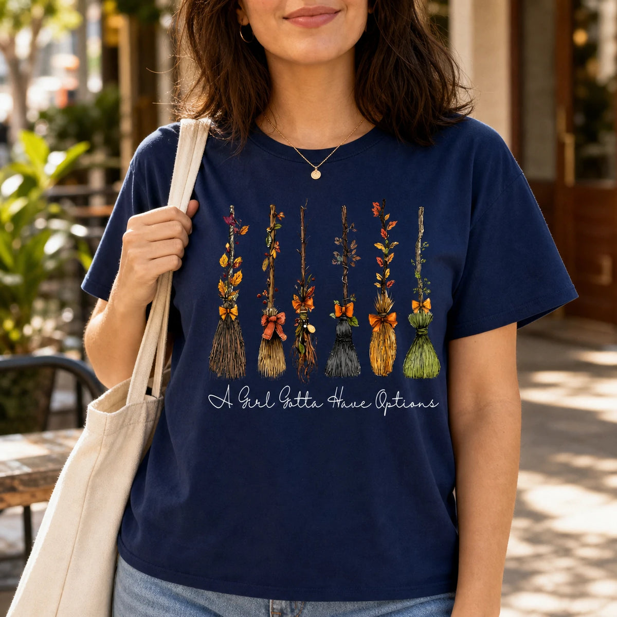 A Girl Gotta Have Options Witch Broom Shirt, Funny Halloween Tee or Sweatshirt for Women, Cute Vintage Fall Broom Graphic