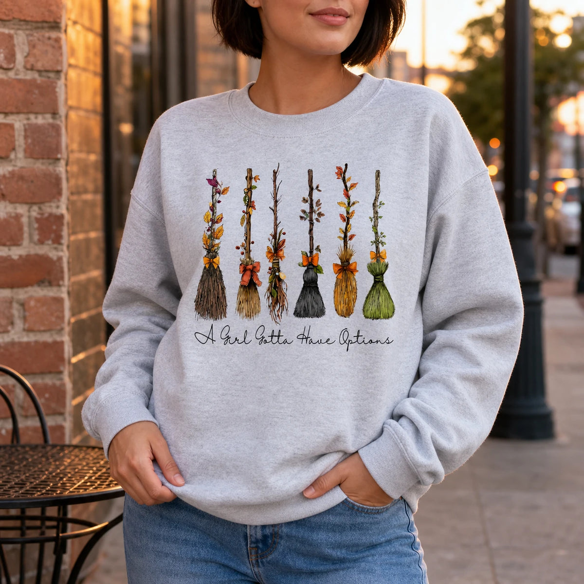 A Girl Gotta Have Options Witch Broom Shirt, Funny Halloween Tee or Sweatshirt for Women, Cute Vintage Fall Broom Graphic