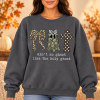 Ain't No Ghost Like The Holy Ghost Sweatshirt, Christian Halloween for Women, Camo Ghost Leopard Bow Cross Faith Based Fall Outfit