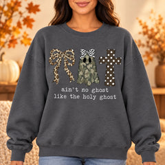 Ain't No Ghost Like The Holy Ghost Sweatshirt, Christian Halloween for Women, Camo Ghost Leopard Bow Cross Faith Based Fall Outfit