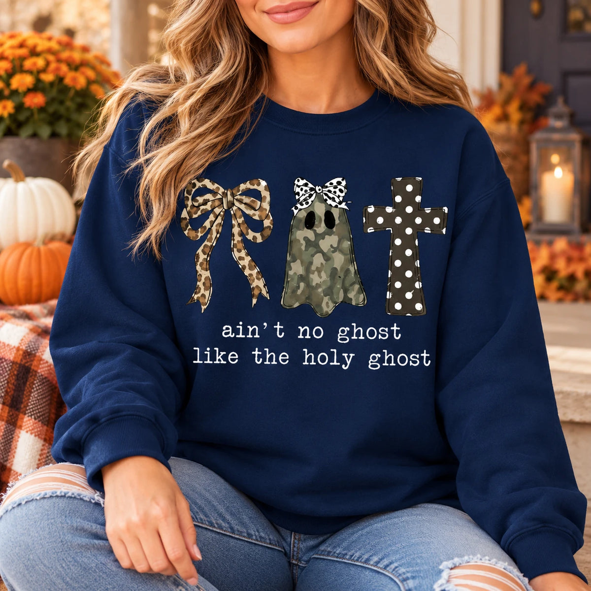 Ain't No Ghost Like The Holy Ghost Sweatshirt, Christian Halloween for Women, Camo Ghost Leopard Bow Cross Faith Based Fall Outfit