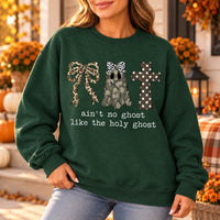 Ain't No Ghost Like The Holy Ghost Sweatshirt, Christian Halloween for Women, Camo Ghost Leopard Bow Cross Faith Based Fall Outfit