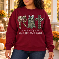 Ain't No Ghost Like The Holy Ghost Sweatshirt, Christian Halloween for Women, Camo Ghost Leopard Bow Cross Faith Based Fall Outfit