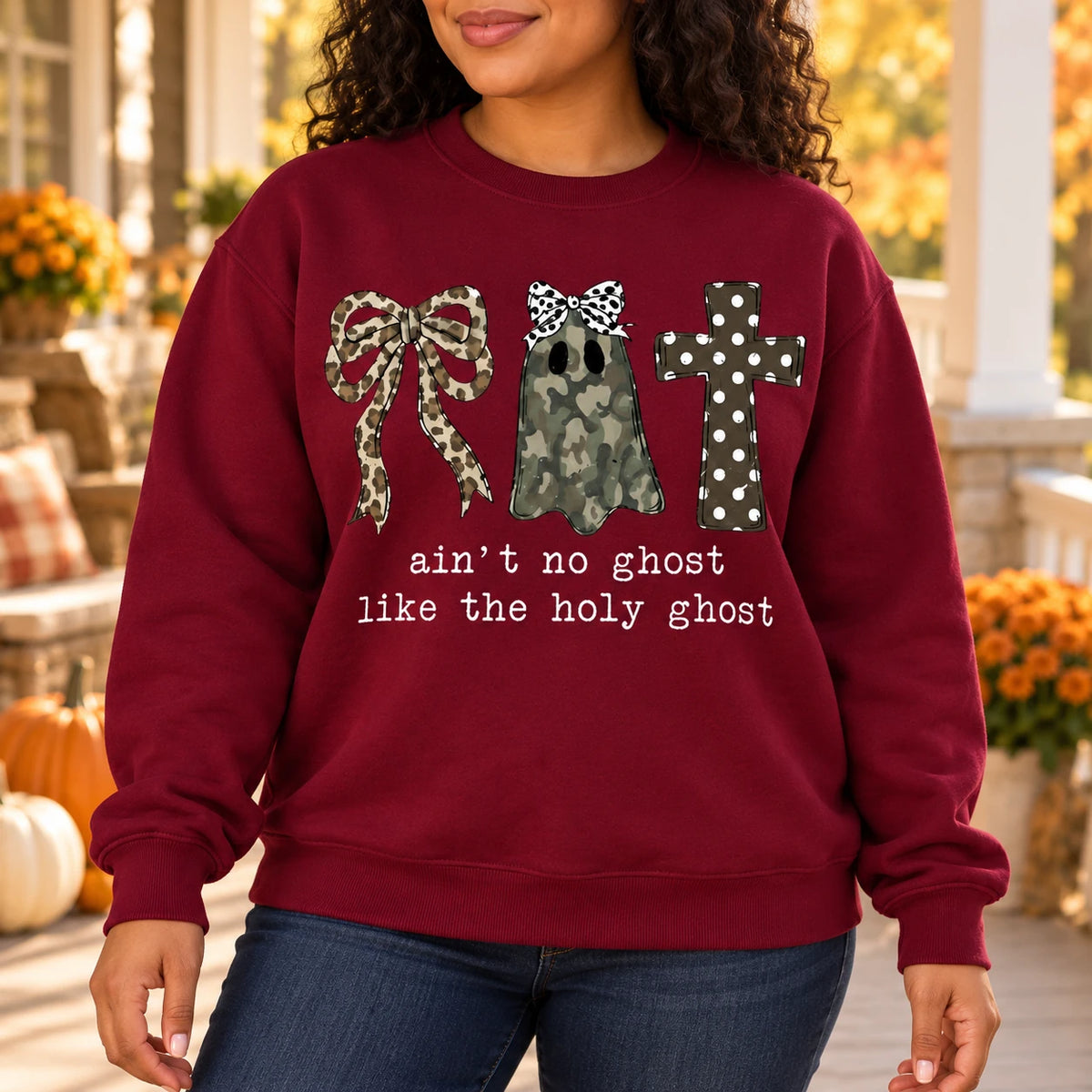 Ain't No Ghost Like The Holy Ghost Sweatshirt, Christian Halloween for Women, Camo Ghost Leopard Bow Cross Faith Based Fall Outfit