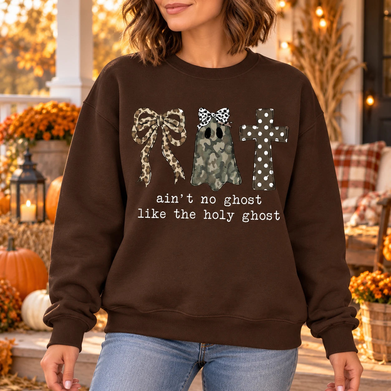 Ain't No Ghost Like The Holy Ghost Sweatshirt, Christian Halloween for Women, Camo Ghost Leopard Bow Cross Faith Based Fall Outfit