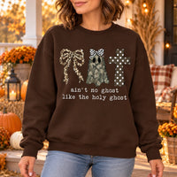 Ain't No Ghost Like The Holy Ghost Sweatshirt, Christian Halloween for Women, Camo Ghost Leopard Bow Cross Faith Based Fall Outfit
