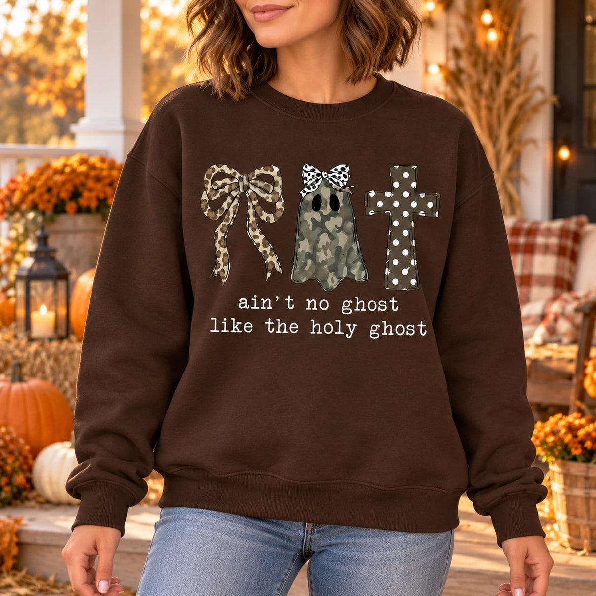 Ain't No Ghost Like The Holy Ghost Sweatshirt, Christian Halloween for Women, Camo Ghost Leopard Bow Cross Faith Based Fall Outfit
