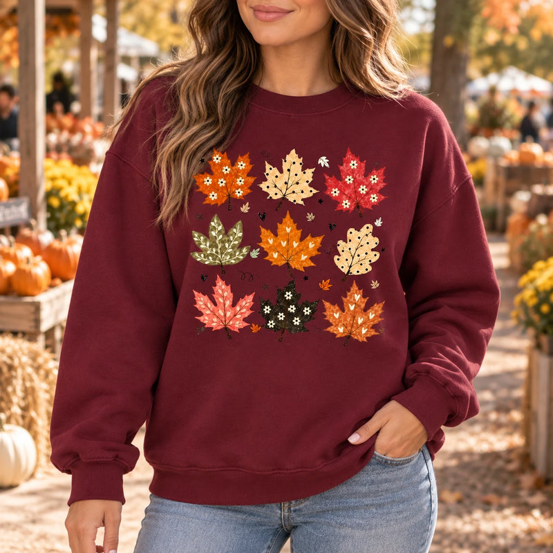 Autumn Leaves Sweatshirt Cute Colorful Maple Leaf Floral Fall Graphic Crewneck for Women