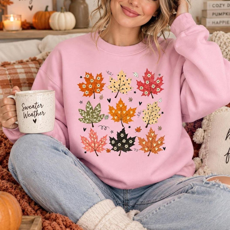 Autumn Leaves Sweatshirt Cute Maple Leaf Design Fall Season Women Cute Floral