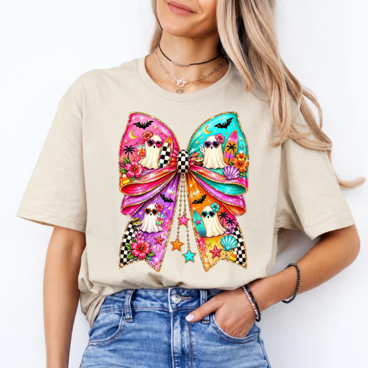 Beach Ghost Bow Tropical Summerween Sweatshirt and T-Shirt Halloween Summer Vacation Women Coquette Retro