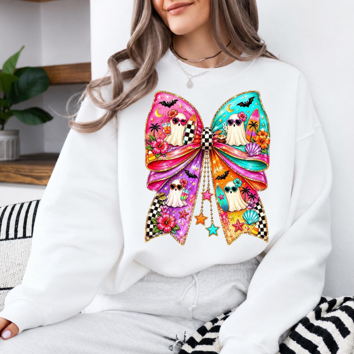 Beach Ghost Bow Tropical Summerween Sweatshirt and T-Shirt Halloween Summer Vacation Women Coquette Retro
