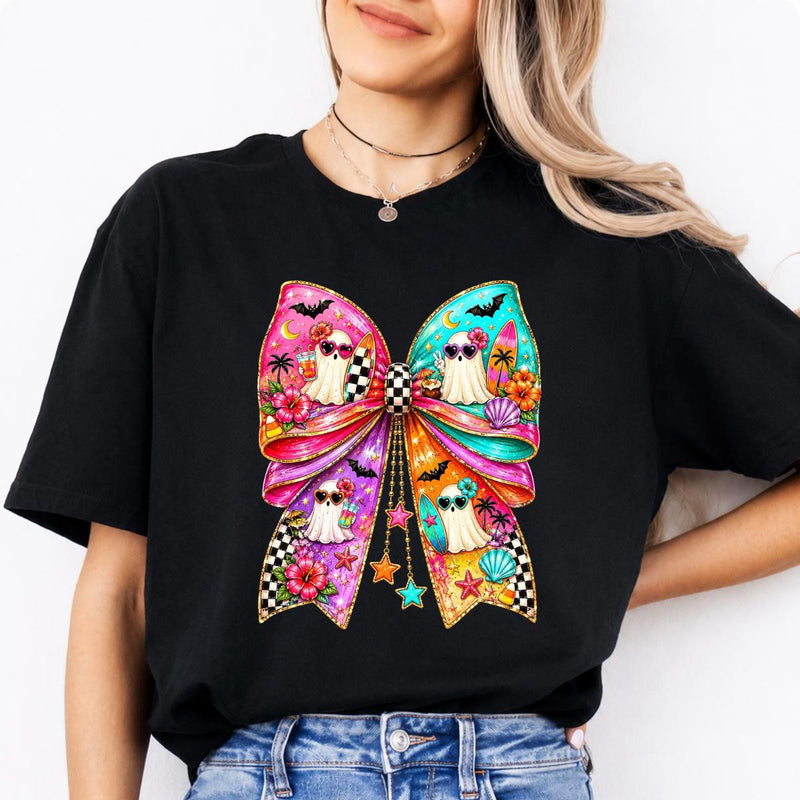 Beach Ghost Bow Tropical Summerween Sweatshirt and T-Shirt Halloween Summer Vacation Women Coquette Retro