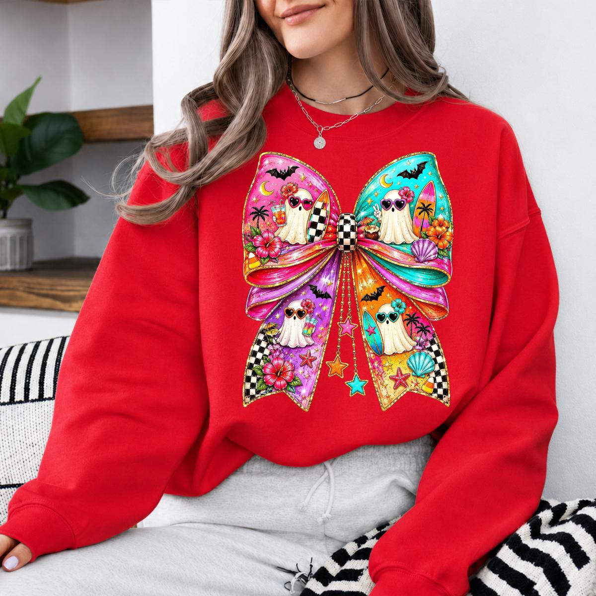 Beach Ghost Bow Tropical Summerween Sweatshirt and T-Shirt Halloween Summer Vacation Women Coquette Retro