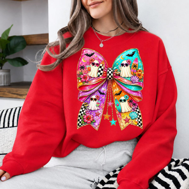 Beach Ghost Bow Tropical Summerween Sweatshirt and T-Shirt Halloween Summer Vacation Women Coquette Retro