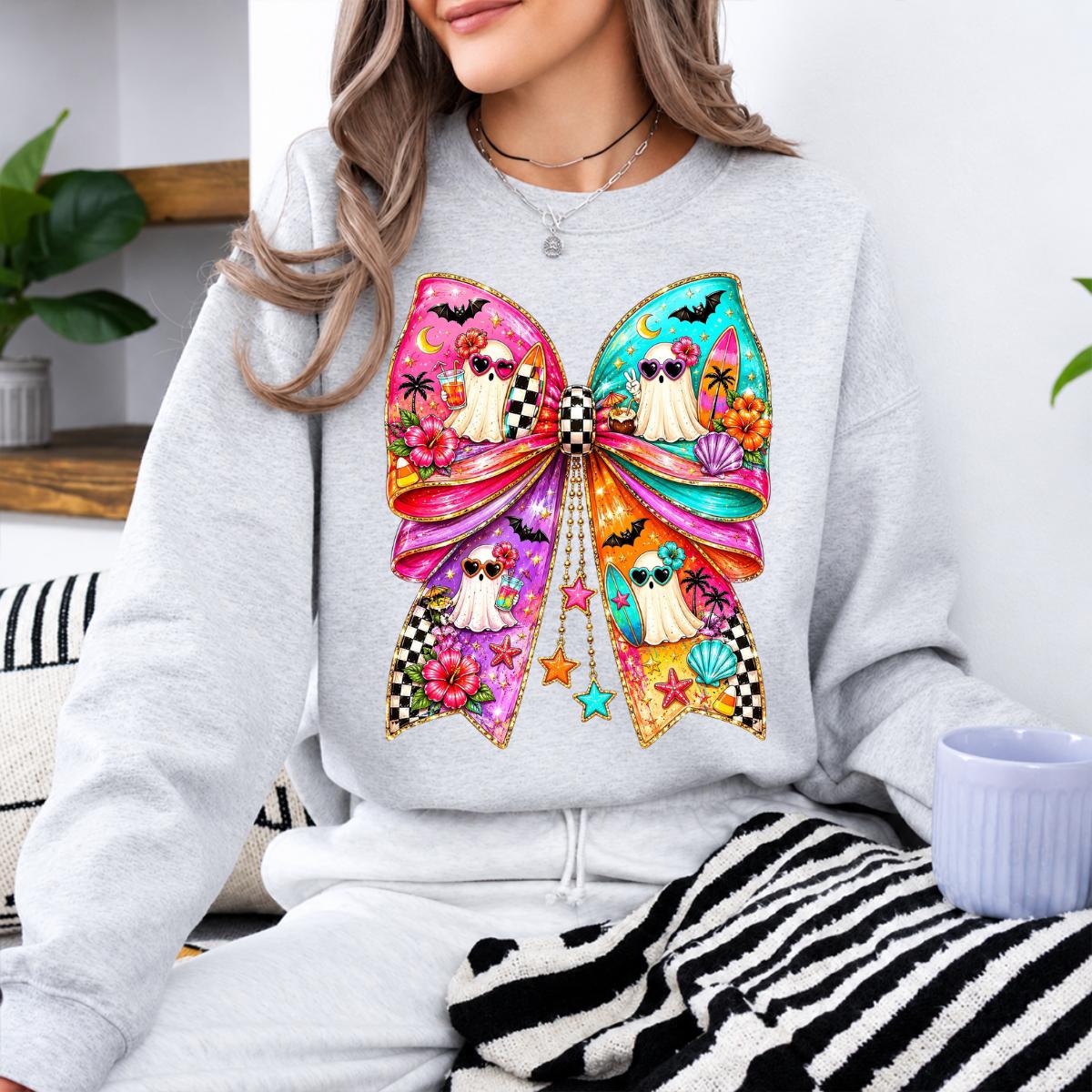 Beach Ghost Bow Tropical Summerween Sweatshirt and T-Shirt Halloween Summer Vacation Women Coquette Retro