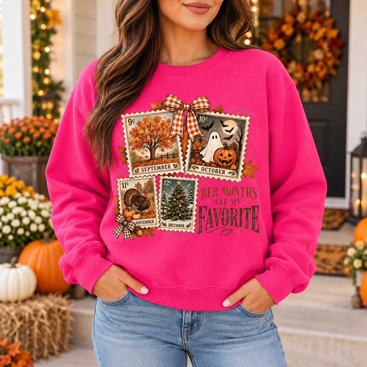 Ber Months Are My Favorite Sweatshirt, September to December Vintage Postage Stamp Graphic, Fall Halloween Thanksgiving Christmas for Women