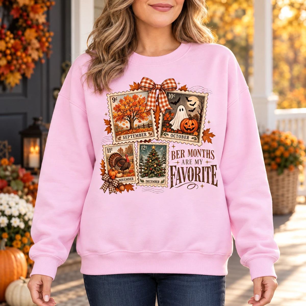 Ber Months Are My Favorite Sweatshirt, September to December Vintage Postage Stamp Graphic, Fall Halloween Thanksgiving Christmas for Women