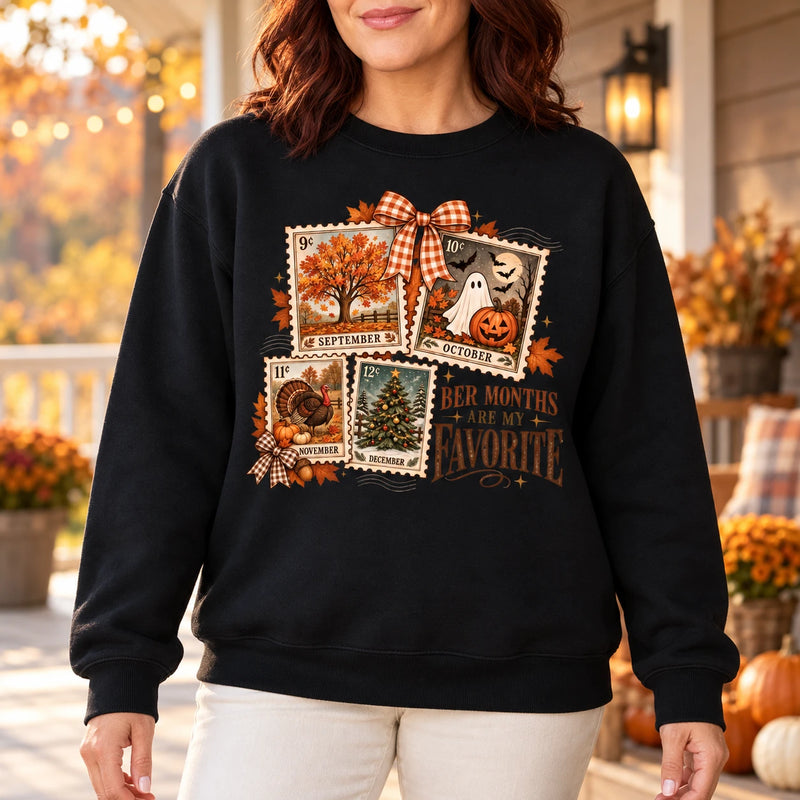Ber Months Are My Favorite Sweatshirt, September to December Vintage Postage Stamp Graphic, Fall Halloween Thanksgiving Christmas for Women