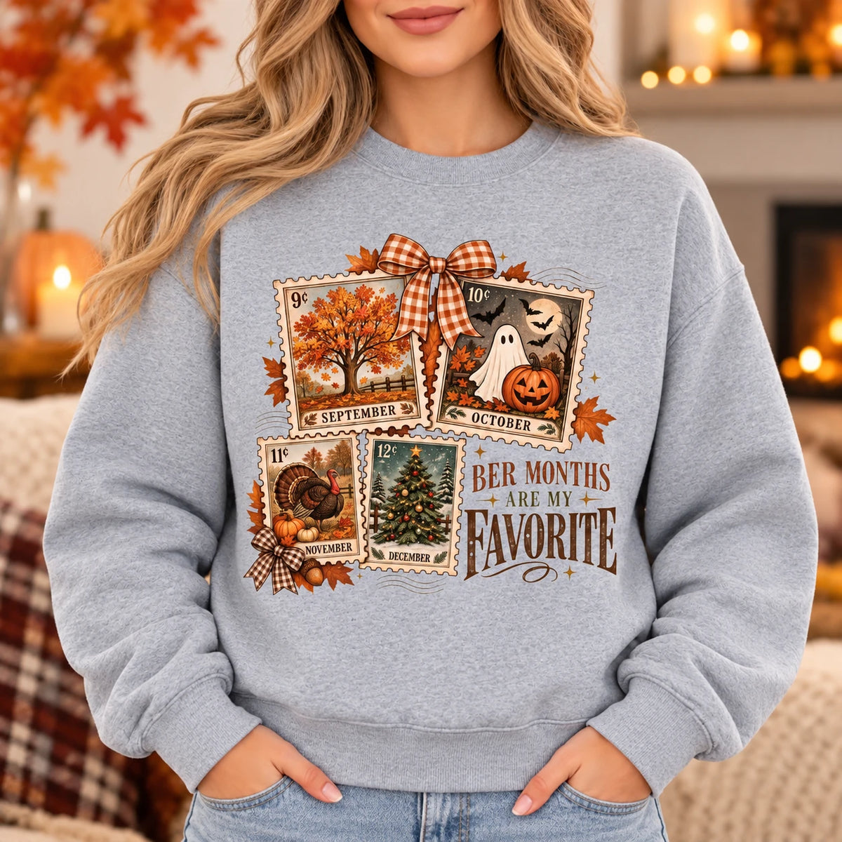 Ber Months Are My Favorite Sweatshirt, September to December Vintage Postage Stamp Graphic, Fall Halloween Thanksgiving Christmas for Women
