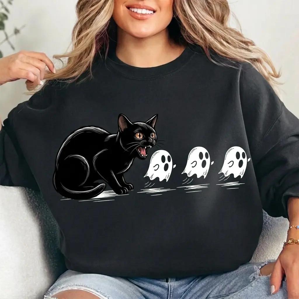 Black Cat Halloween Scared Ghosts Sweatshirt Spooky Fall Season Unisex Cute Graphic