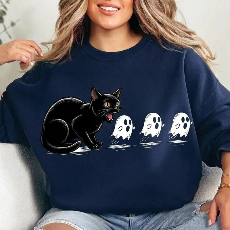 Black Cat Halloween Scared Ghosts Sweatshirt Spooky Fall Season Unisex Cute Graphic