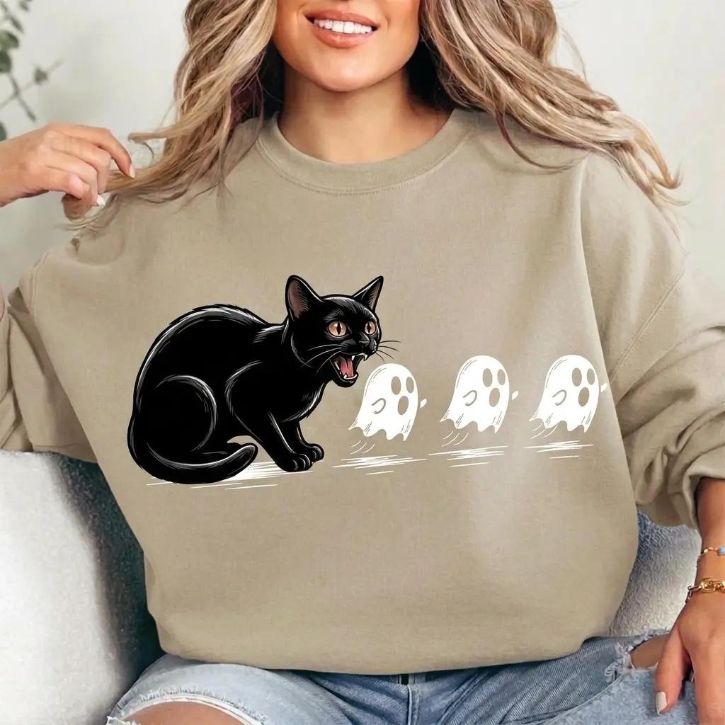 Black Cat Halloween Scared Ghosts Sweatshirt Spooky Fall Season Unisex Cute Graphic