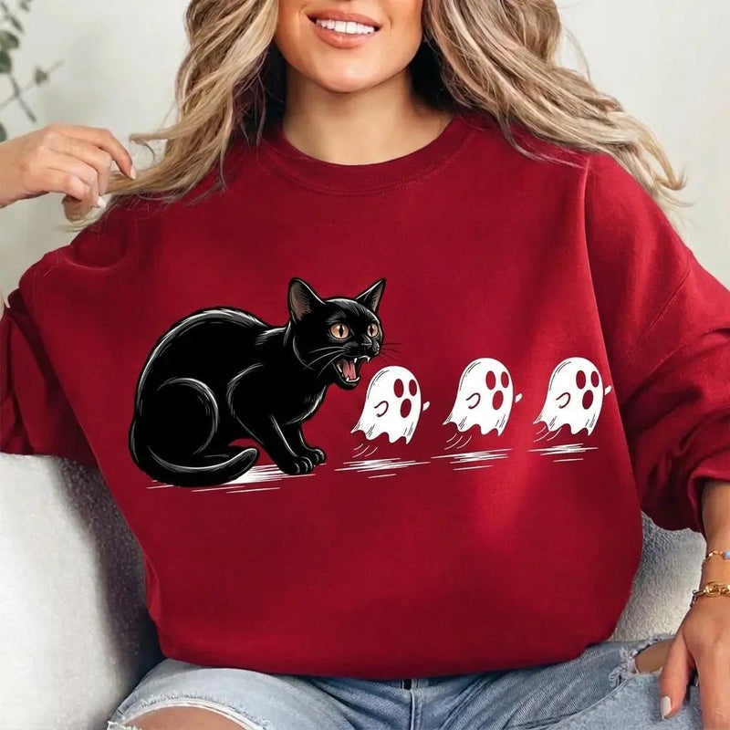Black Cat Halloween Scared Ghosts Sweatshirt Spooky Fall Season Unisex Cute Graphic