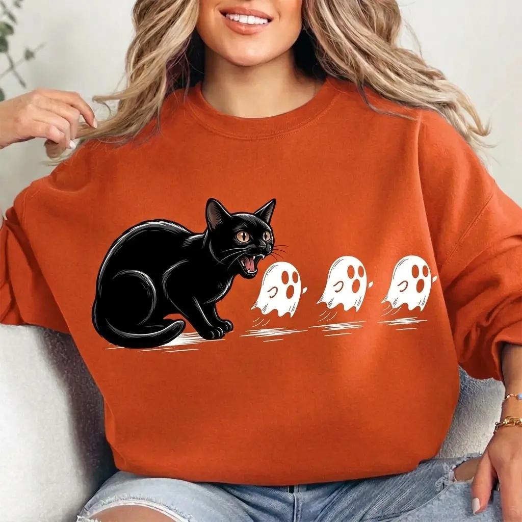 Black Cat Halloween Scared Ghosts Sweatshirt Spooky Fall Season Unisex Cute Graphic