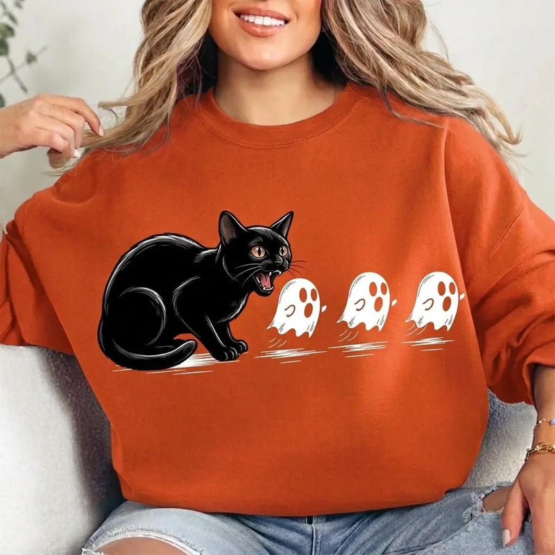 Black Cat Halloween Scared Ghosts Sweatshirt Spooky Fall Season Unisex Cute Graphic