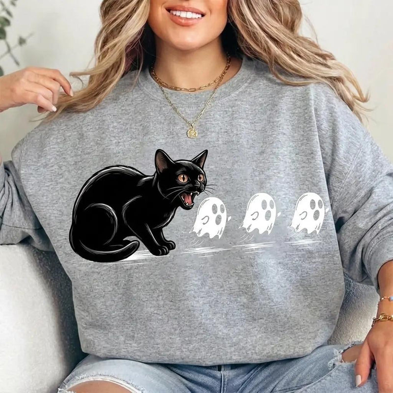 Black Cat Halloween Scared Ghosts Sweatshirt Spooky Fall Season Unisex Cute Graphic