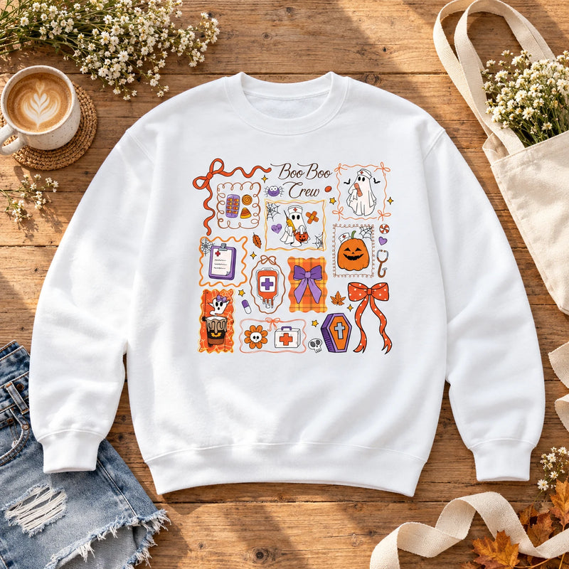Boo Boo Crew Nurse Halloween T-Shirt and Sweatshirt Cute Medical Ghost Doodle Design