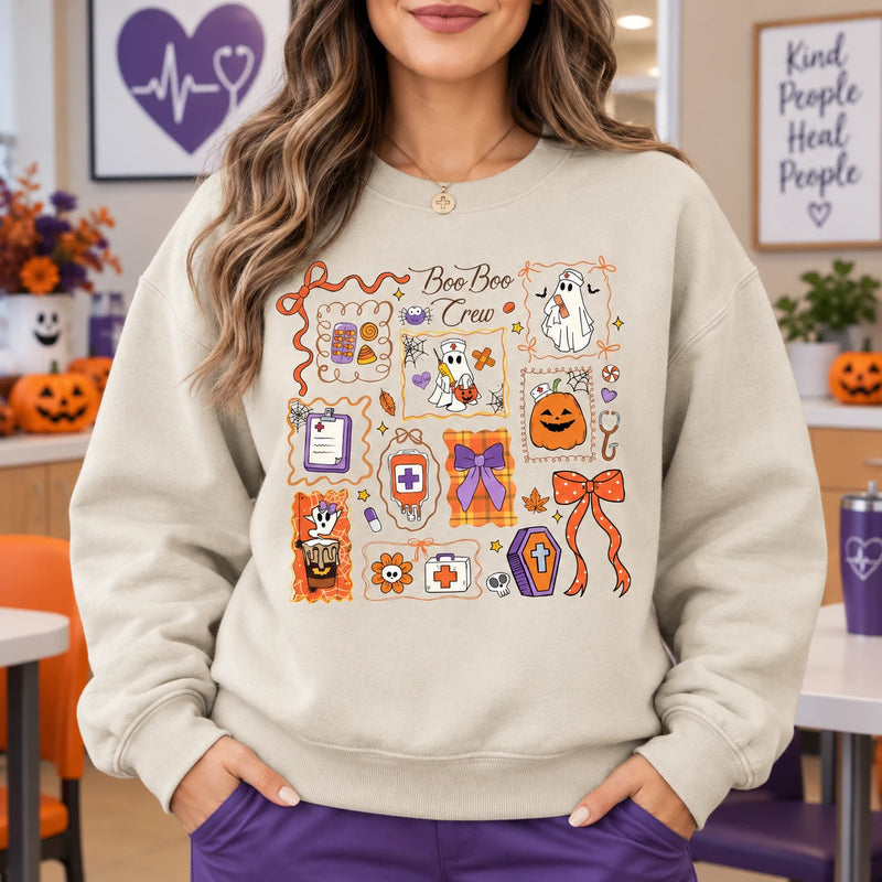 Boo Boo Crew Nurse Halloween T-Shirt and Sweatshirt Cute Medical Ghost Doodle Design