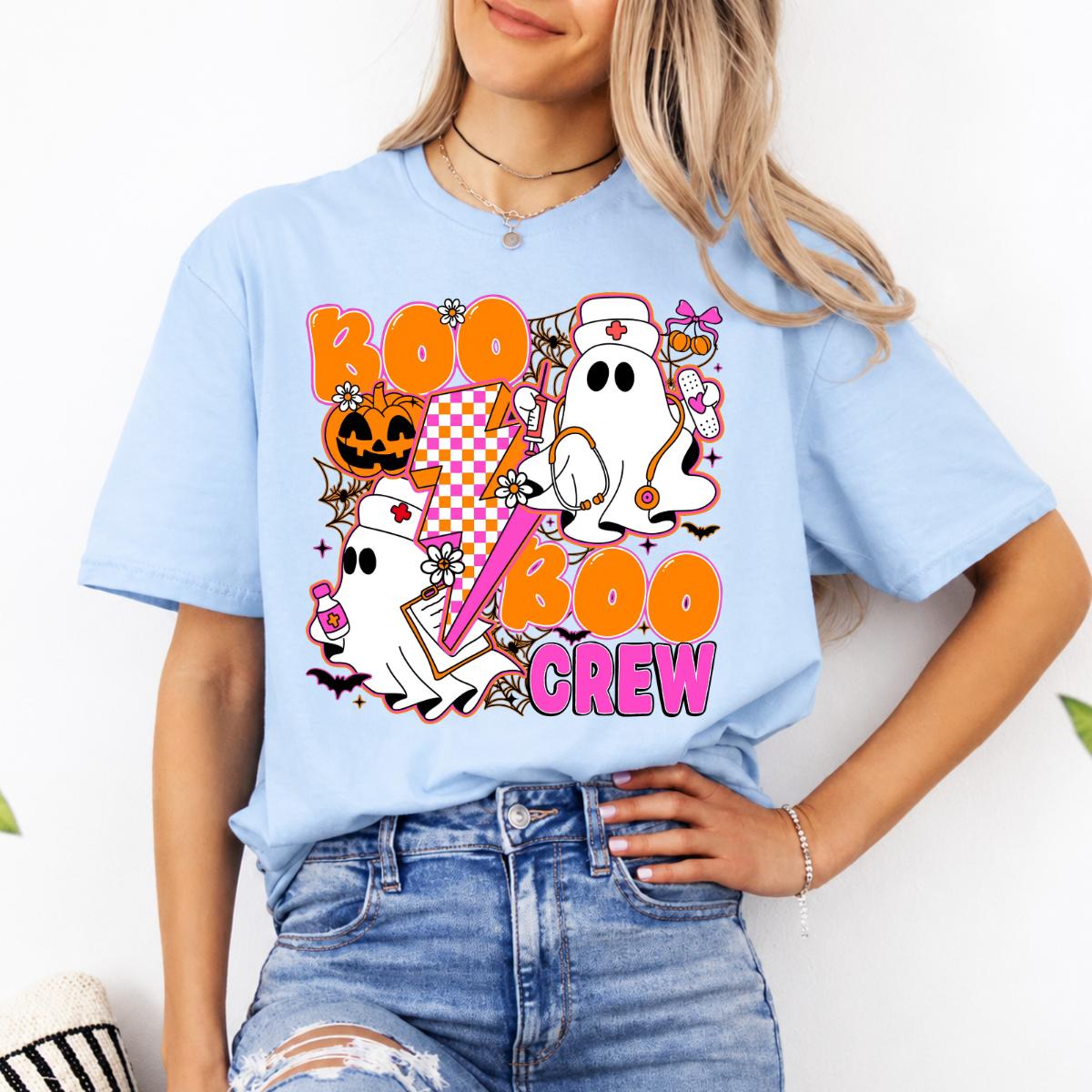 Boo Boo Crew Nurse Sweatshirt and T-Shirt Spooky Ghost Medical Halloween Women Retro Groovy