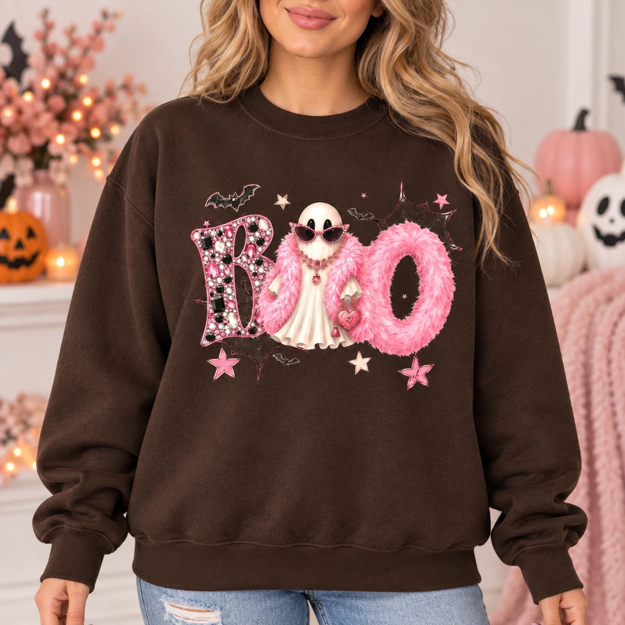 Boo Ghost Halloween Sweatshirt, Pink Coquette BOO Ghost Graphic Pullover for Women