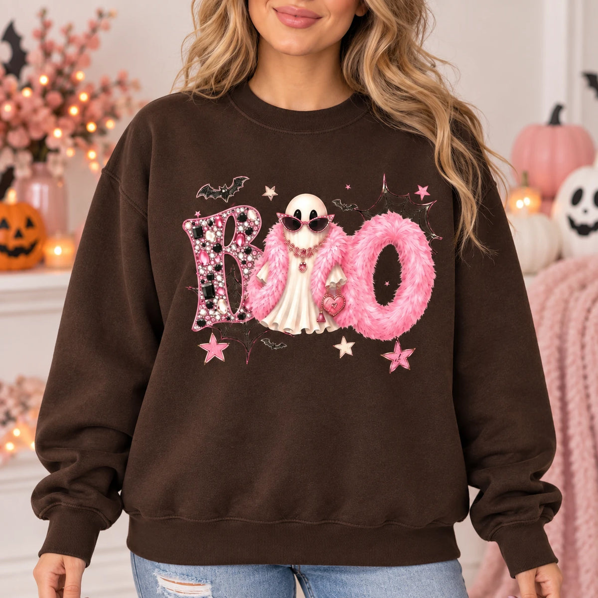Boo Ghost Halloween Sweatshirt, Pink Coquette BOO Ghost Graphic Pullover for Women